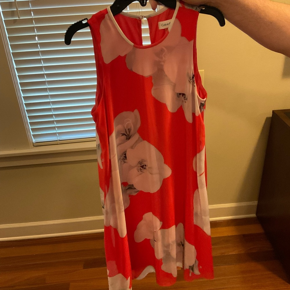 Calvin Klein, Summer Dress, Coral & White, Size: 2